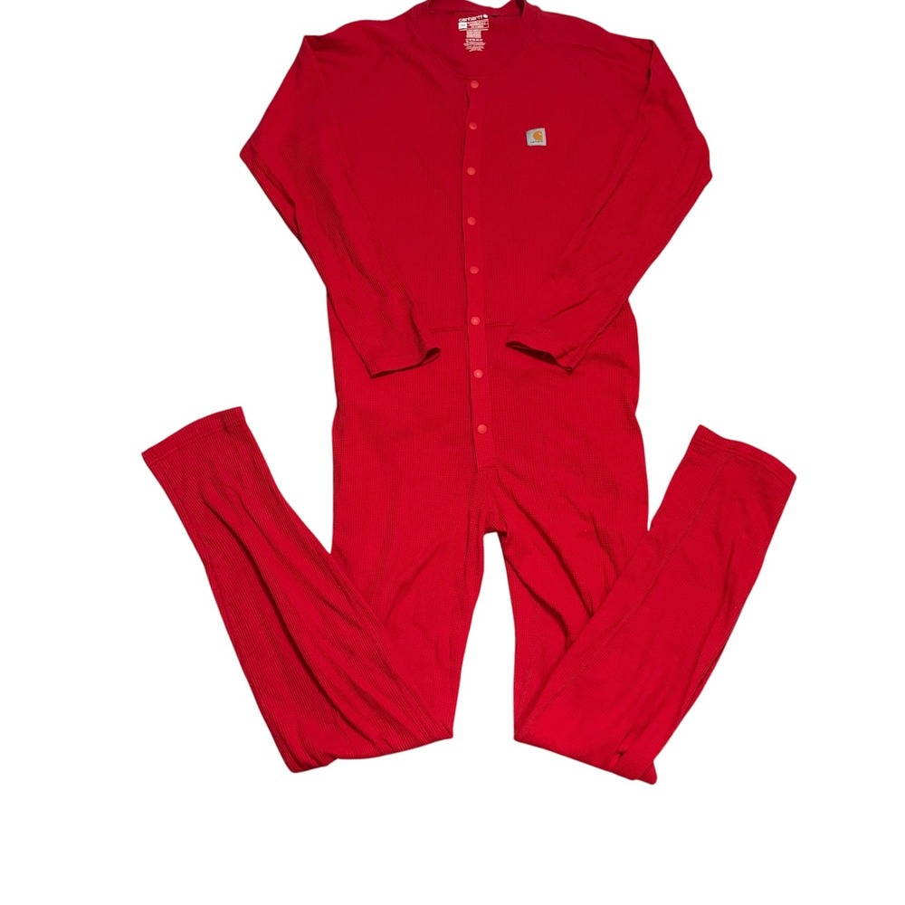 Carhartt Union Suit Men Large Red Waffle Knit Thermal Long John One Piece Button